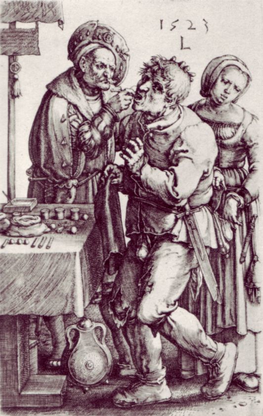 Detail from The Dentist, engraved by Lucas van Leyden, 1523.