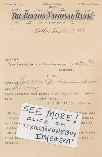 1897 LETTER BELTON NATIONAL BANK TEXAS J MILLER HARRIS  
