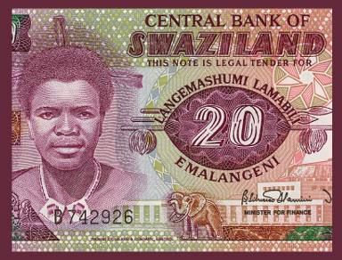 20 EMALANGENI Note of SWAZILAND 1986 King MSAWTI   UNC  