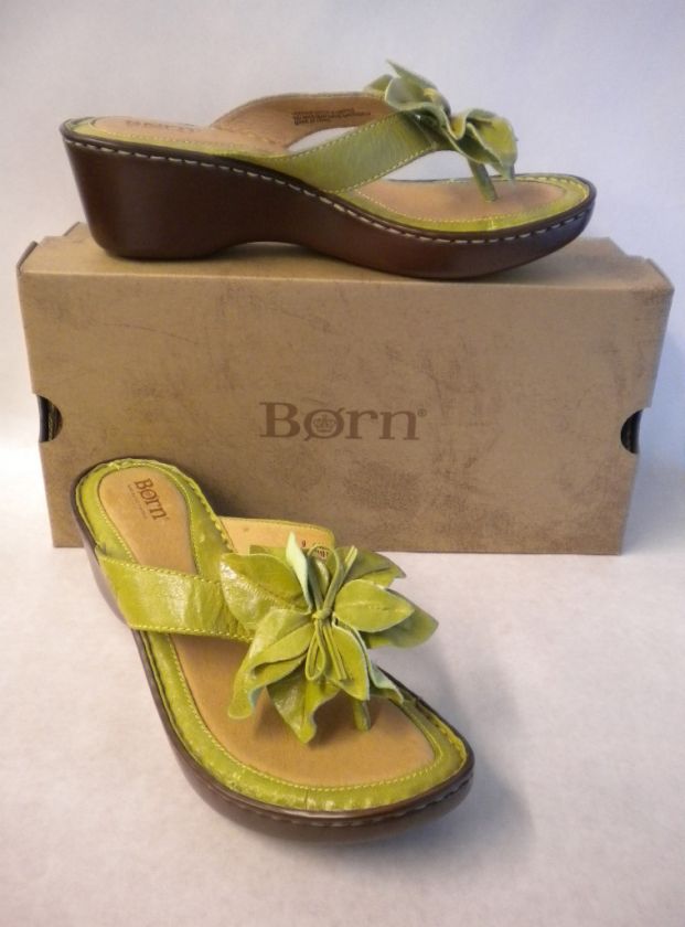 Born Shimmy Green Flower Thong Platform Wedge Sandal  