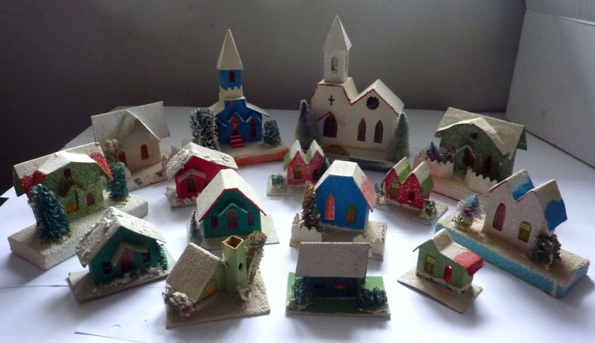 h88) 15 Vintage Miniature Putz Cardboard Christmas Houses 2 Church 