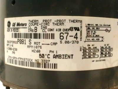 GE 5KCP39DGP081S 1/6 HP Motor 1075 RPM Reversible 230 V  