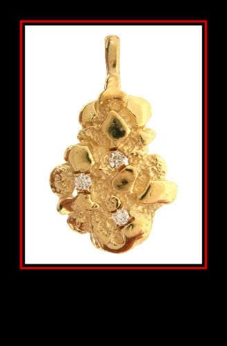 14K Solid Yellow Gold Nugget Pendant w/ Diamonds  