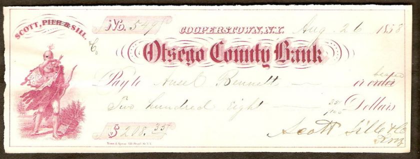 1858 Otsego BANK CHECK DRAFT Cooperstown NY Indian Art  