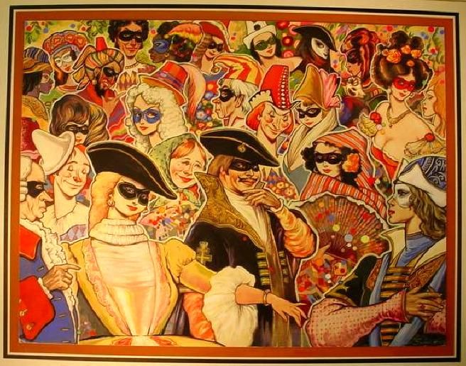 Original Painting MASQUERADE BALL Shrovetide SMIRNOFF Signed RUSSIAN 