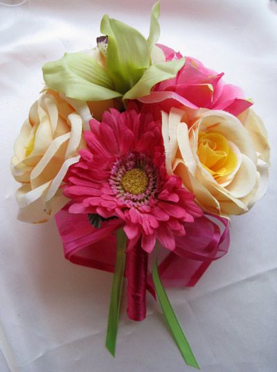 10 pc Wedding Bouquet flowers PINK YELLOW GREEN DAISY  