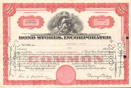 Bond Stores  lot of 2 stock certificates  DC Maryland  