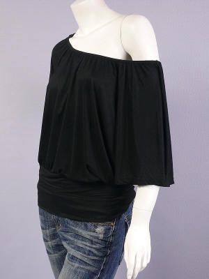 Black Off the Shoulder Ruched Bat Sleeve Top L  