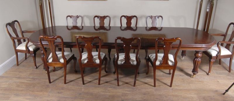 14 Foot Victorian Dining Table & 10 Queen Anne Chairs D  