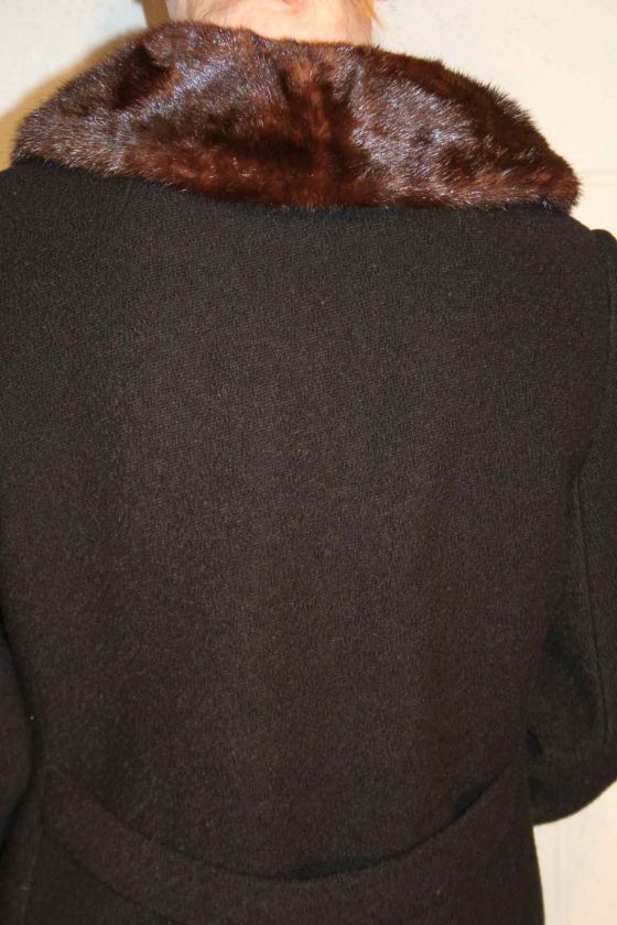 Sz S Vtg 50s 60s BLACK NUBBY WOOL BROWN MINK FUR COLLAR DRESS COAT 