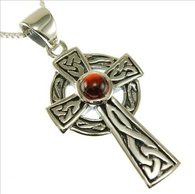 Sterling Silver Celtic Knot Cross Pendant w Garnet Stone and Box Chain 
