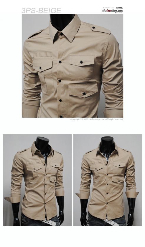 3PS) THELEES Mens slim strap 3 pocket shirts BEIGE  