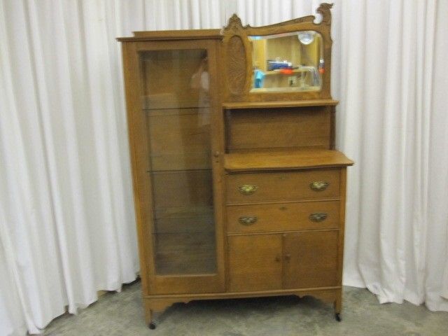 Antique Oak China Buffet w Bevel Mirror Griffon Head  