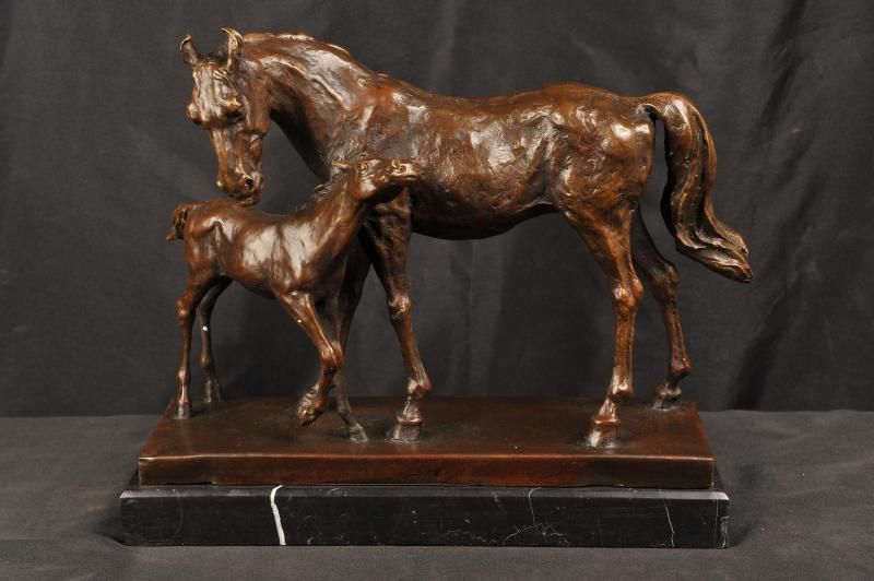 Bronze Statue Mare Foal Horse Mother Child  