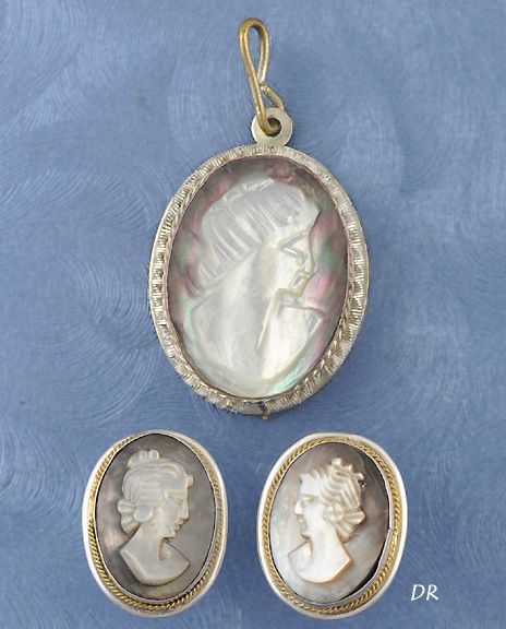 800 Purity Silver Abalone & MOP Cameo Earrings Pendant  