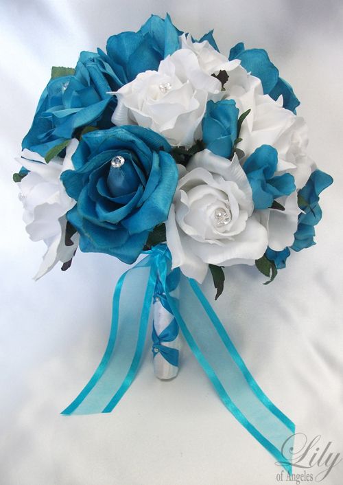 17 pieces Wedding Bridal Round Bouquet Flower TURQUOISE  