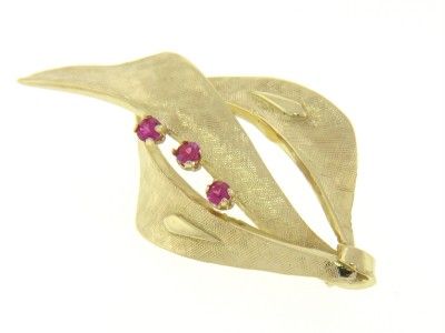 VINTAGE 14K YELLOW GOLD YG RUBY FLORENTINE BROOCH PIN  