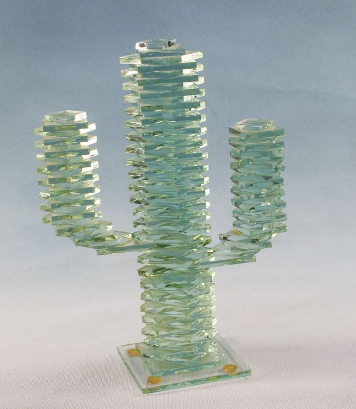   Layered Aqua Art Glass Saguaro Cactus Large   12 High Office Art