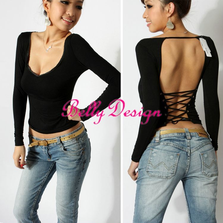 Sexy V Neck Long Sleeve Corset Club Top Shirts Blouse  