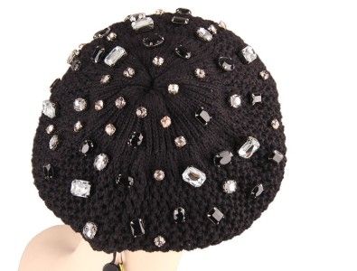 NEW BLUMARINE SWAROVSKI CRYSTAL EMBROID BLACK WOOL BERET BEANIE HAT L 