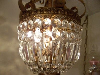 Vintage crystal basket empire gold chandelier prisms~Plug & swag 