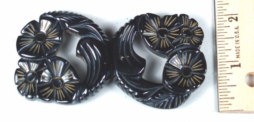 1940’s Vintage Black Bakelite Two Piece Buckle Deep Carving_Art Deco 