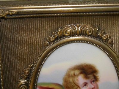 Antique Raphael Cherub Angel Hand Painted Porcelain Plaque Bronze 