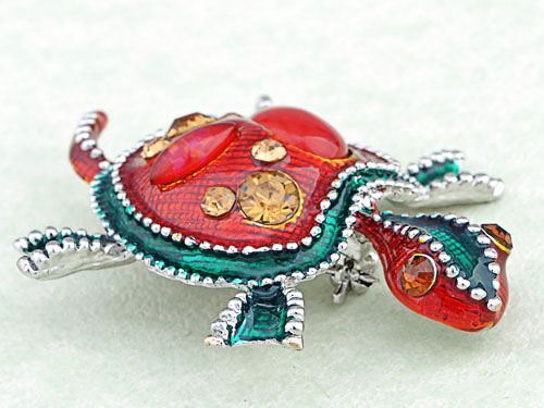 RUBY EMERALD ENAMEL GLITTER BEAD BABY TURTLE PIN BROOCH  