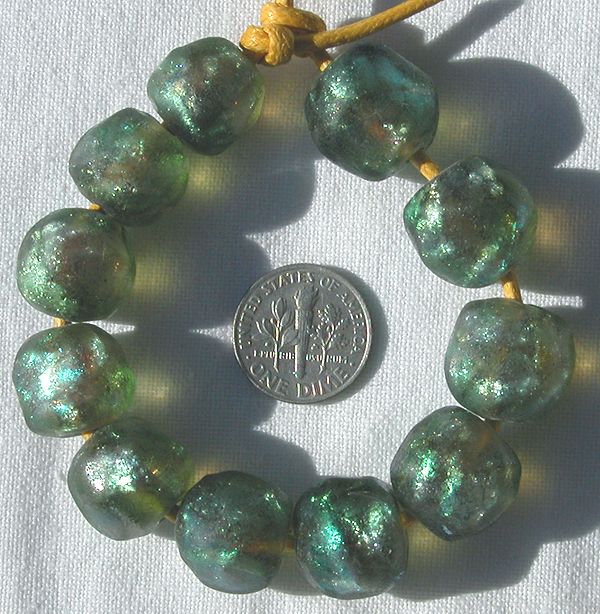 15mm silvery green basha bead irridescent roman glass  