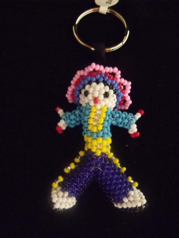 Blue and Yellow Beaded Chief Keychain   Zuni Handmade  