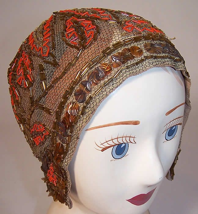   Gold & Orange Beaded Metallic Net Flapper Skull Cap Cloche Hat  