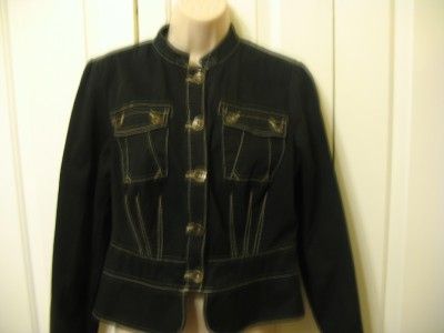 Womens black denim jean jacket, size 12, Medium, Fantastic Stitching 