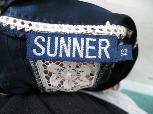 SUNNER Navy Silk Crochet Blouse Shirt Top XS  