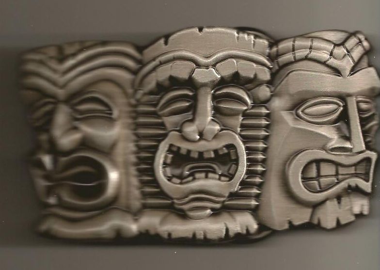 TIKI HEADS/FACES BELT BUCKLE hawaii rockabilly pin up  