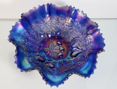   Fruits Carnival Glass Bowl Electric Blue Stippled and ruffled  