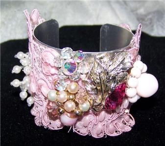 Bracelet Cuff Goldtone covered in vintage pink lace,faux pearls 