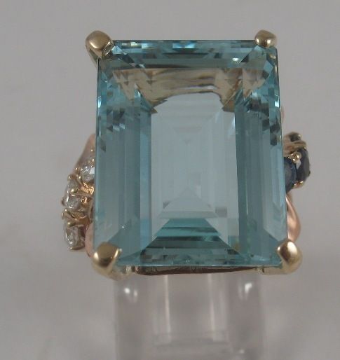 Estate 23ct Aquamarine Sapphire Diamond 14k Rose Ring  