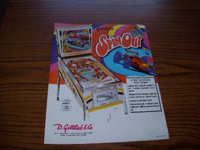 1975 GOTTLIEB SPIN OUT PINBALL MACHINE FLYER BROCHURE  