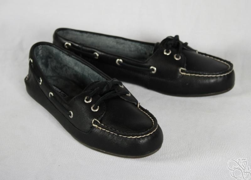 SPERRY Top Sider Skiff Black Leather Suede Womens Loafers Slip On 