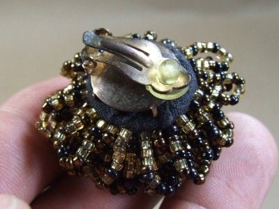   Art Deco Black & Golden Glass Seed Bead Pom Pom Earrings  