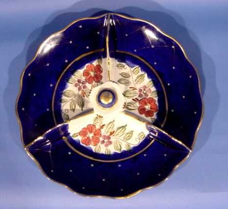 B256 Flowers on Cobalt Blue Tri Lobed Bowl FLORA GOUDA  