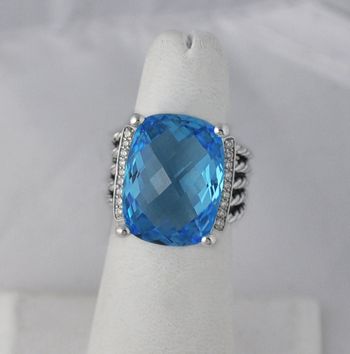 David Yurman 20x15MM Blue Topaz Wheaton SS Ring Size 7  