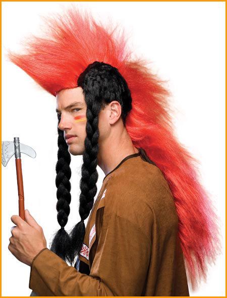 MENS SUPER RED MOHAWK w/ BRAIDS HALLOWEEN COSTUME WIG  