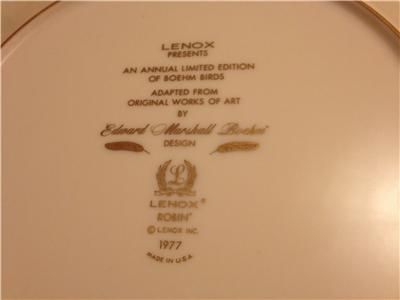 Lenox Boehm Ltd. Edition Robin 1977 Bird Plate 10.5   