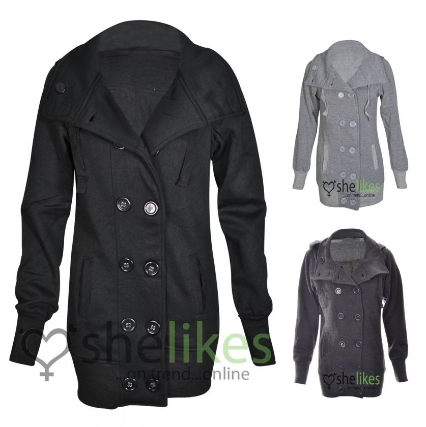   Hooded Jacket Coat Ladies Military Button Up Fleece Jacket Trench Coat