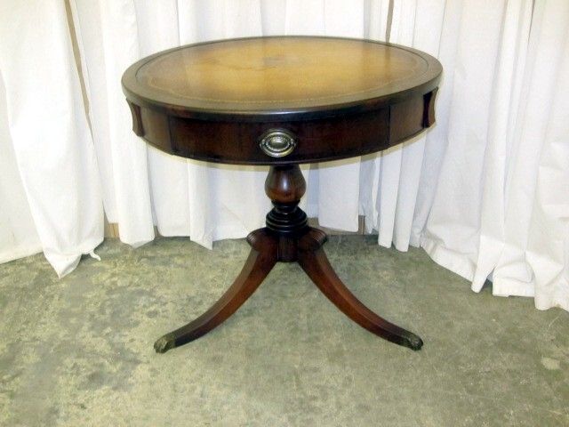 Antique Mahogany Round Side Table w Gold Leaf Embossed Leather Top 