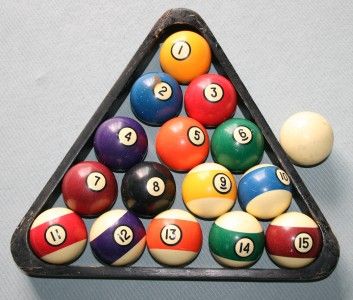 Vtg BILLIARD/POOL Ball Complete Set 1 15 Cue Wood Wooden Rack 