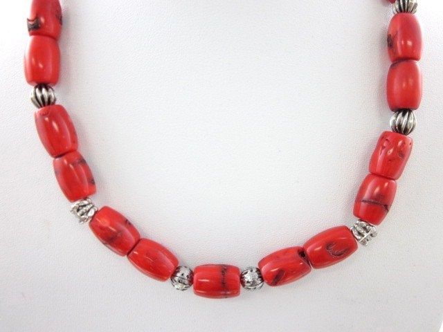 DESIGNER Silver Distressed Coral Beaded Strand Necklace  