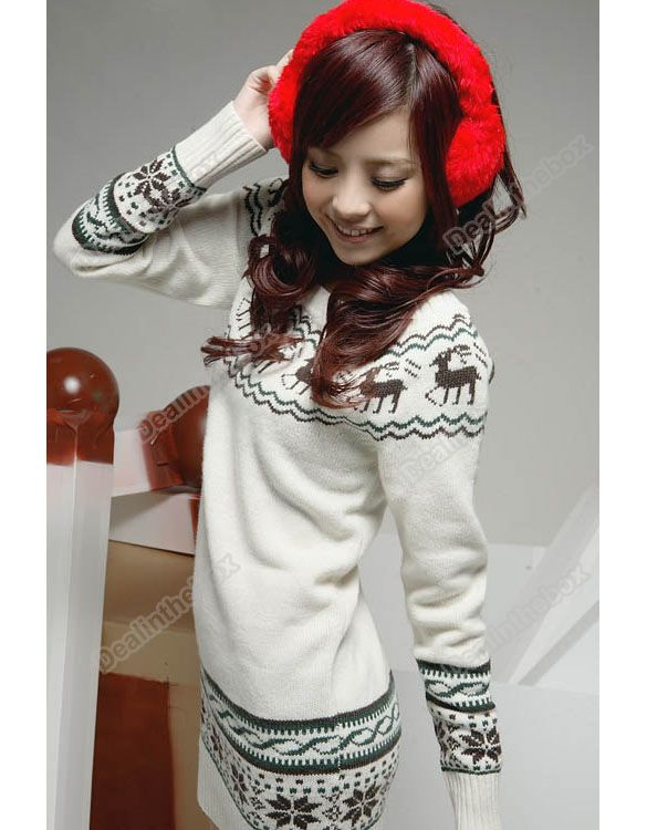 New Soft Women knit Sweater dresses Top Pullover Jumper Snowflake Deer 