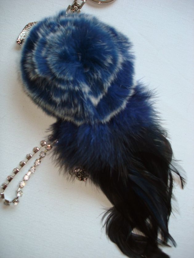 DIAMOND OTTER RABBIT FUR BAG CHARM 100% Genuine Natural Handbag Key 